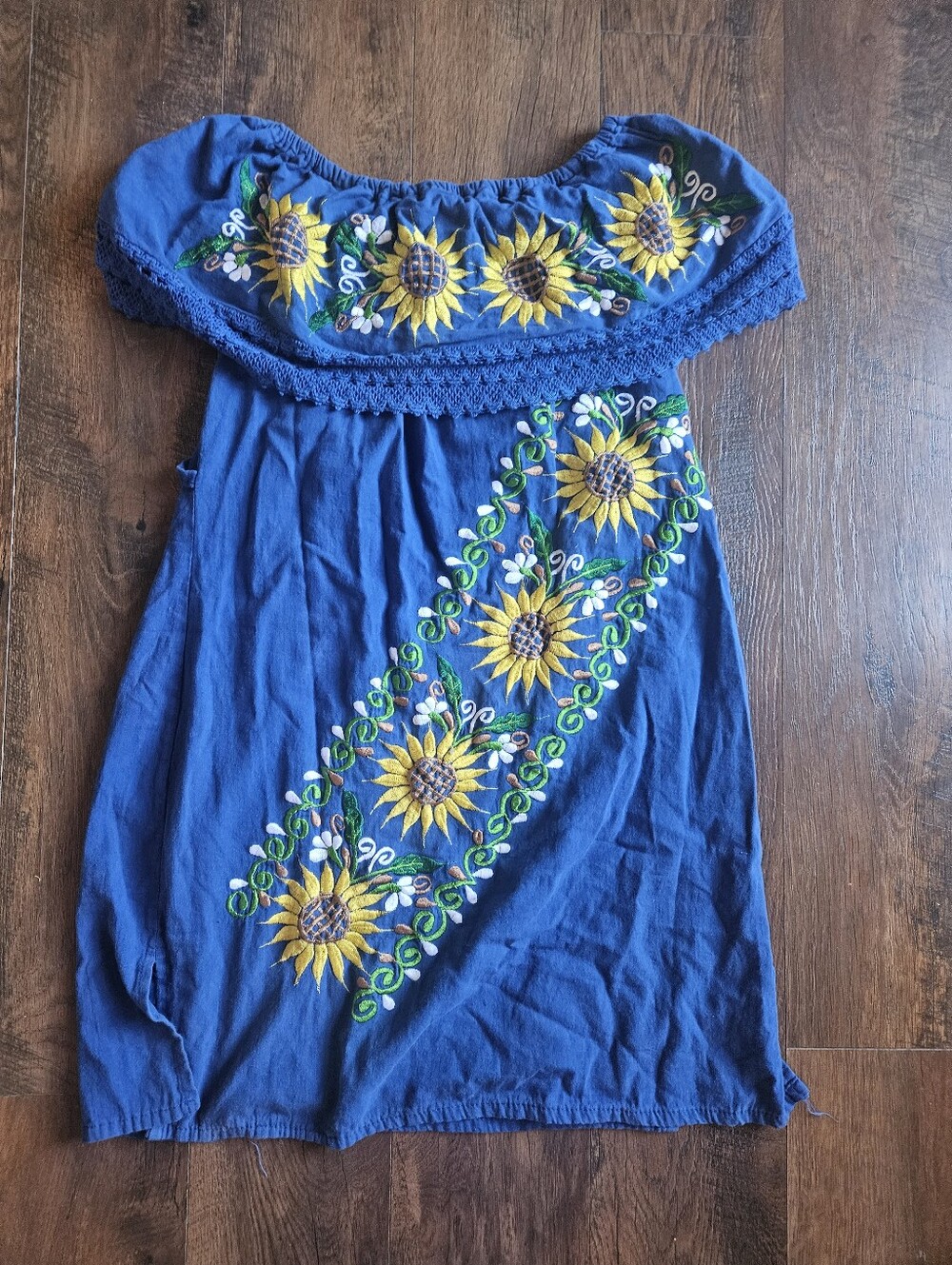 Mexican Blue Off-Shoulder Dress with Sunflower Embroidery Size M